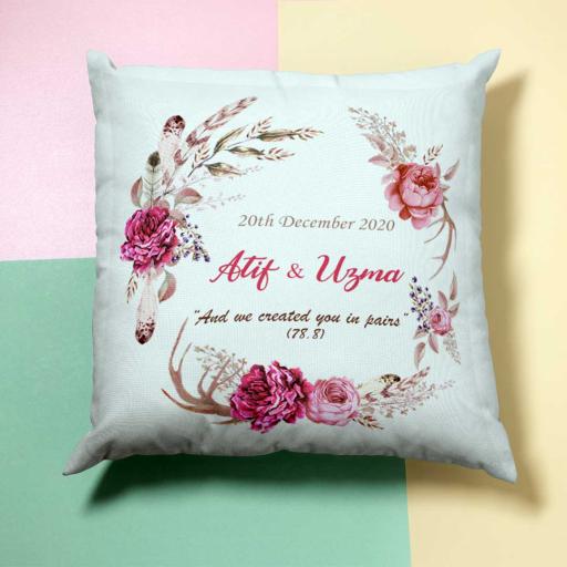Personalised Pink Flowers &amp; Feathers Wreath Cushion - Add Names/Dates