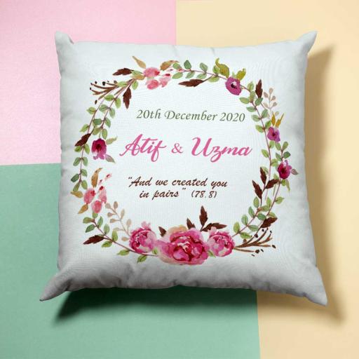 Personalised Pretty Pink Wreath Cushion - Add Names/Dates