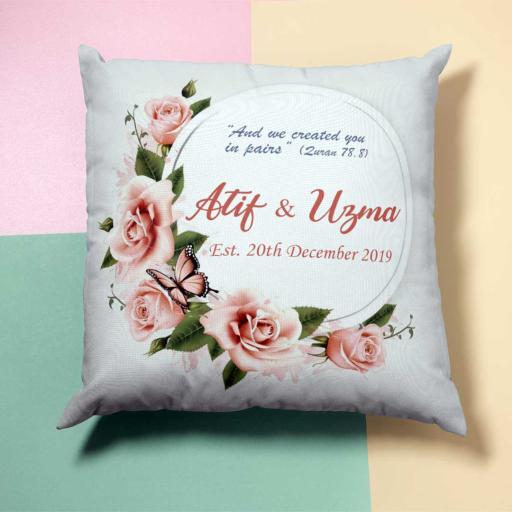 Personalised Peach Roses Wreath Cushion - Add Names/Date