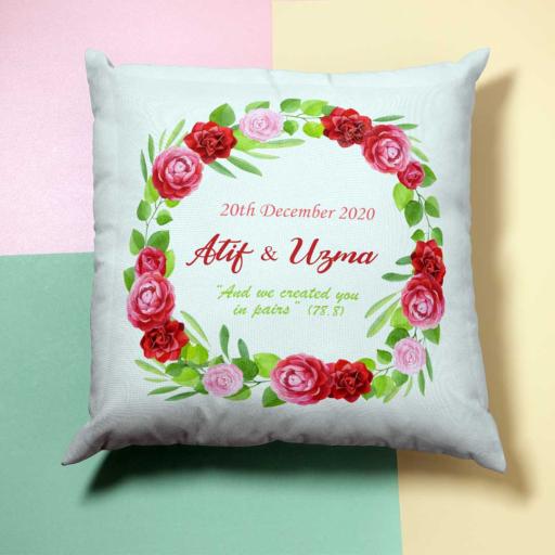 Personalised Red &amp; Pink Wreath Cushion - Add Names/Dates