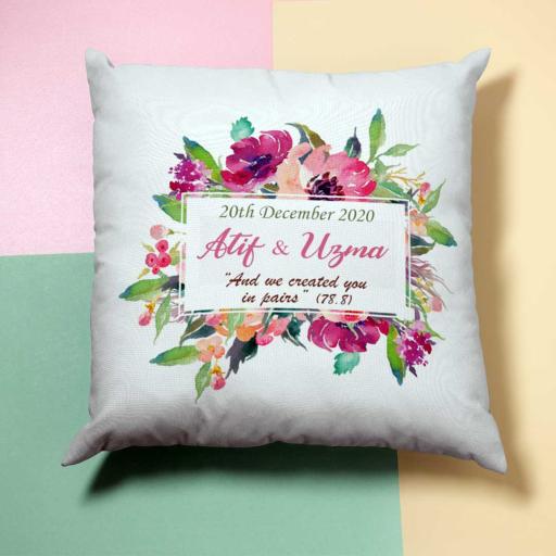 Personalised Pretty Pink Square Wreath Cushion - Add Names/Dates