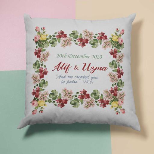 Personalised Maroon &amp; Yellow Square Wreath Cushion - Add Names/Dates