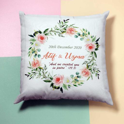 Personalised Peach &amp; White Wreath Cushion - Add Names/Dates