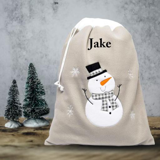 Personalised Plush Silver / Charcoal Snowman Embroidered Christmas Sack