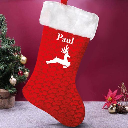 Deluxe Red Velvet Personalised Christmas Stocking with Reindeer Design