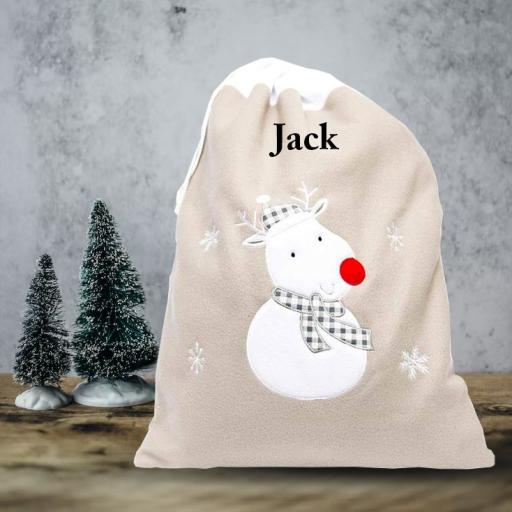 Personalised Plush Silver / Charcoal Reindeer Embroidered Christmas Sack