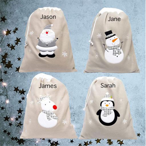 Plush Silver Embroidered Santa, Snowman, Reindeer, Penguin Sacks Set