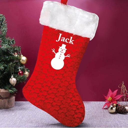 Deluxe Red Velvet Personalised Christmas Stocking with Snowman Design