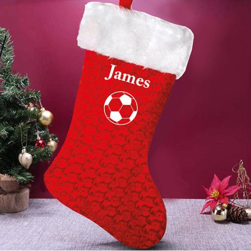 Deluxe Red Velvet Personalised Christmas Stocking for a Football Lover