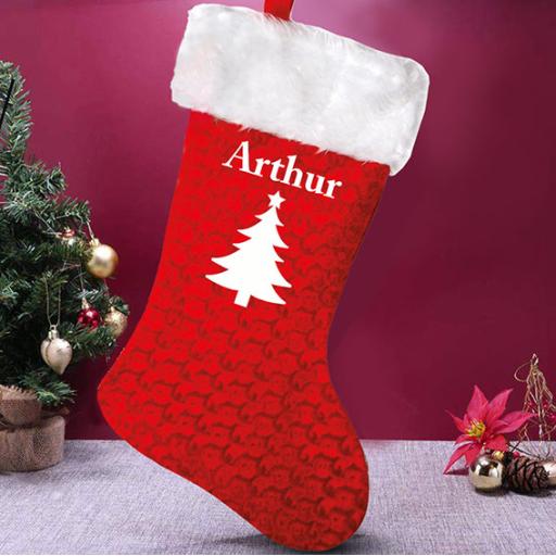 Deluxe Red Velvet Personalised Stocking with Christmas Tree Design