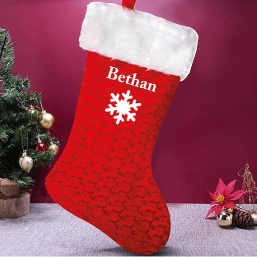 Deluxe Red Velvet Personalised Christmas Stocking with Snowflake Design