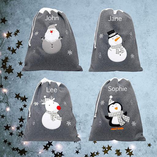 Personalised Plush Charcoal Embroidered Santa, Snowman, Reindeer, Penguin Sacks Set