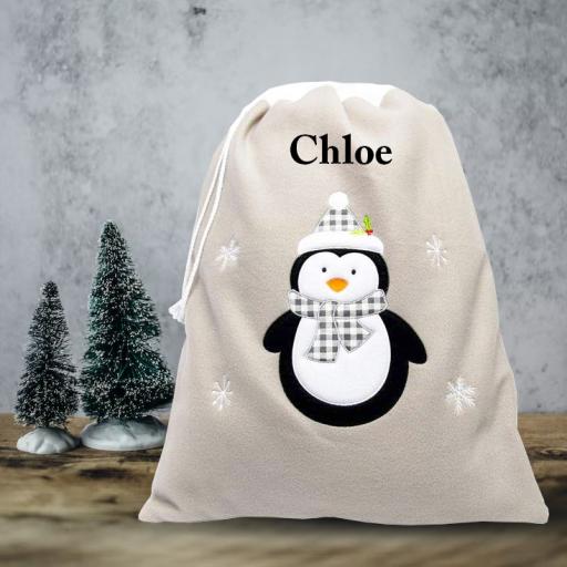 Personalised Plush Silver / Charcoal Penguin Embroidered Christmas Sack