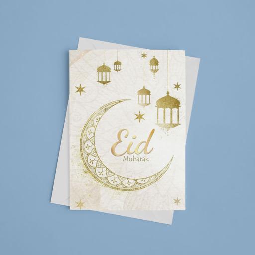 Personalised Golden Hanging Lanterns & Moon Eid Mubarak Card - Add Name/Message