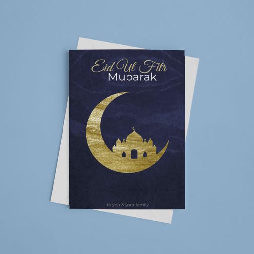 Personalised Golden Moon & Mosque Eid Mubarak Card - Add Name/Message