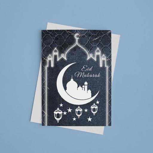 Personalised Moon Mosque White Silhouette Eid Mubarak Card - Add Name/Message