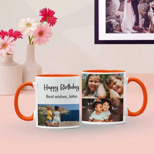 Personalised Orange Coloured Inside Mug with 3 Photo Collage and Text