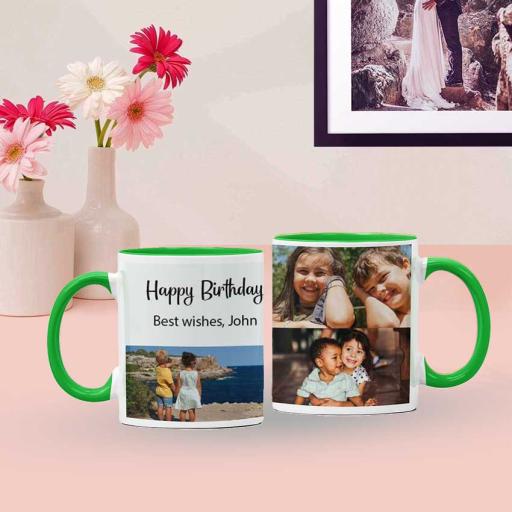 Personalised Green Coloured Inside Mug with 3 Photo Collage and Text