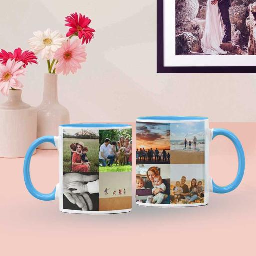 Personalised Sky Blue Coloured Inside Mug with 8 Photo Collage