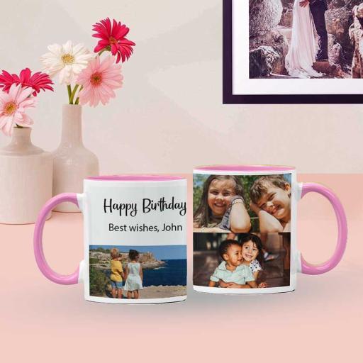 Personalised Pink Coloured Inside Mug with 3 Photo Collage and Text