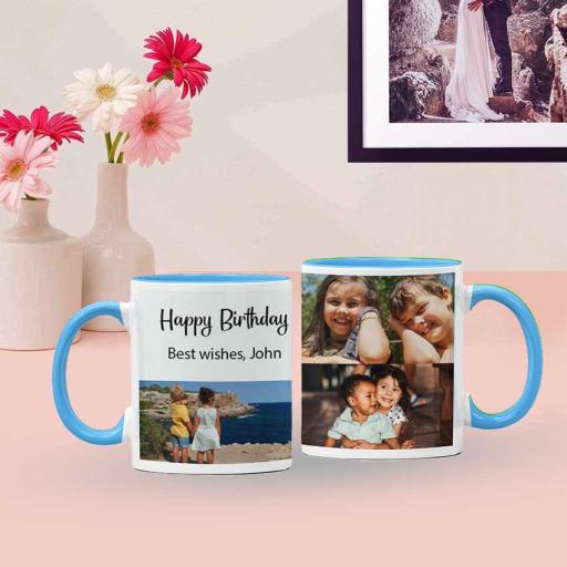 Personalised Sky Blue Coloured Inside Mug with 3 Photos and Text