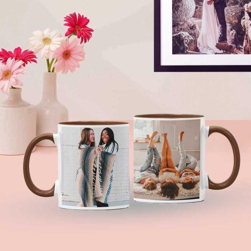 Personalised Brown Coloured Inside Mug with 2 Photos and Text