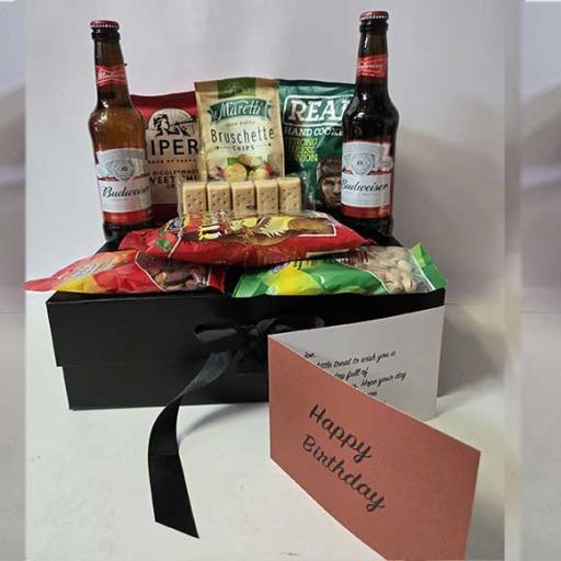 Luxury Budweiser Beer Bottles and Snacks Hamper with Personalised Card