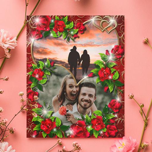 Red Flowers Photo Frame - Personalised Folded Card